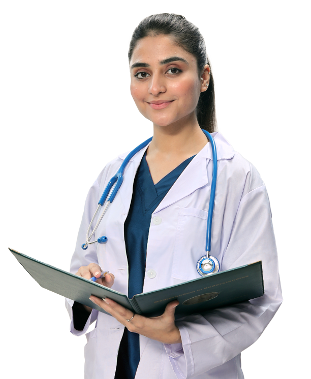 Lady doctor standing with stethoscope, promoting study abroad in medicine.